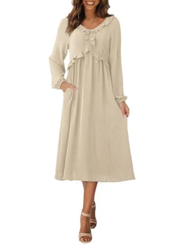Dokotoo Maxi Dress Spring Dresses for Women 2026 Fashion Clothing Casual V Neck Teacher Outfits Boho Maxi Dress Wedding Guest Long Sleeve Elegant Classy Clothes Apricot - Thumbnail 3