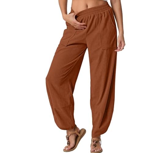 FREEOAK Wide Leg Pants for Women Lounge Casual Palazzo Harem Sweatpants Baggy Barrel Trousers with Pockets Burnt Orange Small - Image 1