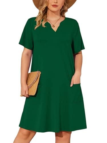 AusLook Plus Size Summer Green Dress for Women V Neck Short Sleeve Loose Fit Casual Knee Length 5X Sundress with Pockets - Image 1