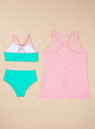 blibean Tween Girls Swimsuit Teen 3 Piece Bathing Suit with Cover Up Little Kids Cute Bikini Set Mesh Tankini Top Summer Boho Hawaiian Swimwear Beach Traje Baño Niñas Size 6-7 Year Old Turquoise - Thumbnail 4