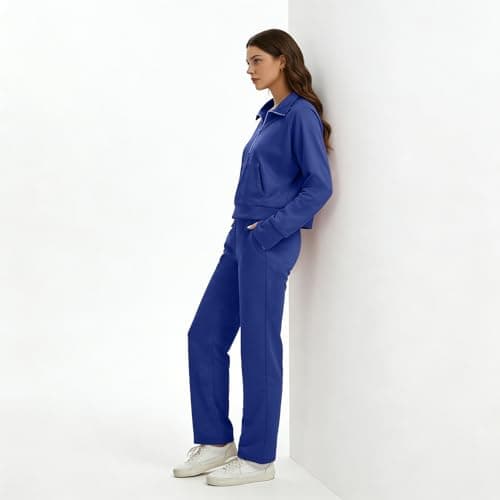 Anyshe Women's 2 Piece Sweatsuit Set Lounge Set Half Zip Sweatshirt with Kangaroo Pocket Thumb Holes Wide Leg Drawstring Pants Casual Tracksuit for Travel Daily Wear, Navy, Medium - Thumbnail 3