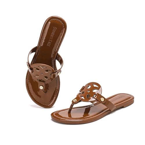 Stratuxx Kaze Women's Dressy Patent Leather Thong Sandals with Memory Foam,Comfy Beach Slides Slip On Flat Sandals for Women - Image 1