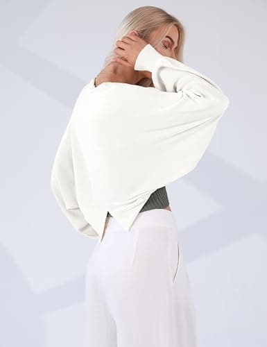 Totatuit Womens Open Neck Sweater Long Batwing Sleeve Knitted Bolero Shrugs Casual Elegant Cropped Cardigans White - Thumbnail 4