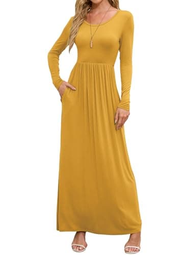 DEARCASE Maxi Dress for Women Yellow XX-Large Crewneck Long Sleeve Sundress Wedding Guest A-line Plain Casual Vacation Empire Waist Flowy Party Vintage Spring Fall Winter Floor Dresses with Pocket - Image 1