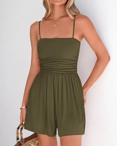 BTFBM Summer Rompers For Women 2026 Casual One Piece Spaghetti Strap Sleeveless Shorts Jumpsuit Beach Vacation Outfits(Army Green, X-Large) - Thumbnail 5