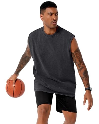 Tank Tops Men Summer Sleeveless Shirts Loose Fit Workout Tops Acid Wash Cotton Tshirts, Plain Black, S - Thumbnail 3