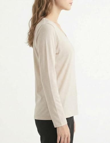 GAMISS Women's Top Casual Shirt V Neck Long Sleeve Basic Solid Color Tee Beige M - Thumbnail 4