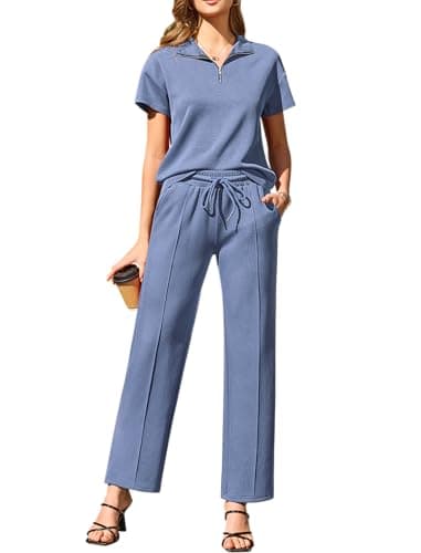difficort Women's 2 Piece Matching Lounge Sets Summer Lapel Half Zip Sweatshirts Wide Leg Pants Casual Sweat Suit, Haze Blue, XX-Large - Image 1