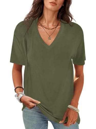 UNCLECAT Women's V-Neck T Shirts Sexy Short Sleeve Tops Summer Oversized Tees Army Green - Image 1