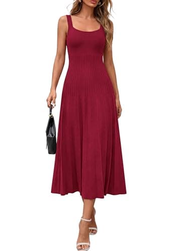 PRETTYGARDEN Spring Dresses for Women 2026 Summer Casual Sleeveless Square Neck A Line Knit Pleated Midi Cocktail Party Dress (Burgundy,XX-Large) - Image 1