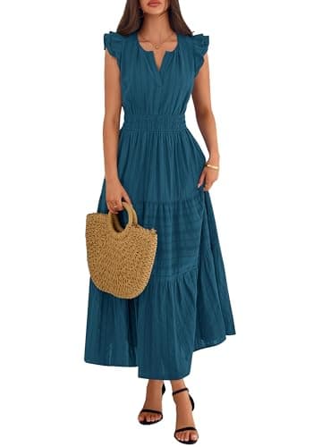 BTFBM Womens Summer Maxi Dress 2026 Spring Boho Vacation Ruffle Flutter Short Sleeve A Line Tiered Flowy Dresses Pockets(Lake Blue, Large) - Thumbnail 6