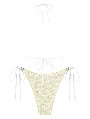 ZAFUL Womens 2 Piece Triangle Bikini Hollow Out Halter Bikini Sets Sexy Bathing Suit High Waisted Side Tie Swimsuits 1-Yellow S - Thumbnail 3
