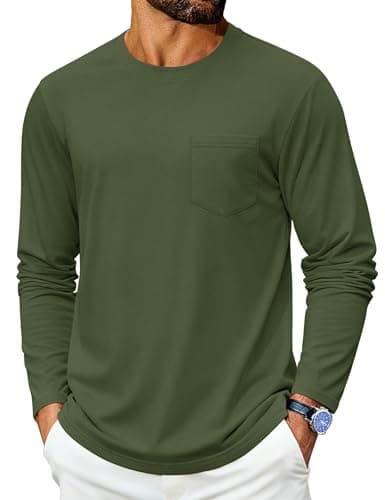 Cotrasen Mens Long Sleeve Tee Shirts Cotton Crew Neck Pocket T Shirts for Men Breathable Comfortable Tee Shirts ArmyGreen S - Image 1