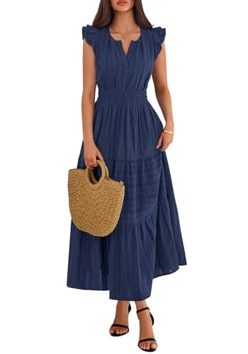 BTFBM Womens Summer Maxi Dress 2026 Spring Boho Vacation Ruffle Flutter Short Sleeve A Line Tiered Flowy Dresses Pockets(Navy Blue, Medium) - Thumbnail 6