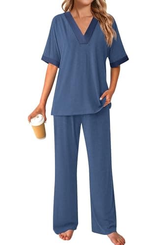 GKBK Womens Two Piece Outfits Pajama Sets 3/4 Dolman Sleeve Sleepwear Nightwear Loungewear Matching Pjs 2 Piece Lounge Set Lightweight Sweatsuit Fall Fashion Ooutfit Navy Blue M - Thumbnail 6