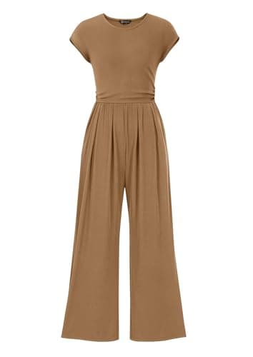 PRETTYGARDEN Summer Jumpsuits for Women Dressy 2026 Ribbed Cap Sleeve Wide Leg Pants Rompers Elegant Casual One Piece Outfits (Camel,XX-Large) - Image 1