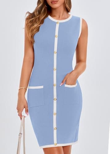 KIRUNDO Women Work Business Casual Dress 2026 Summer Fall Cocktail Semi Formal Office Elegant Classy Knit Color Block Dresses(Light Blue, Large) - Thumbnail 3