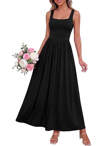 BTFBM Summer Dresses for Women 2026 Maxi Casual Square Neck Flowy Long Sundress Spring Wedding Guest Cocktail Dress(Black, Small) - Image 1
