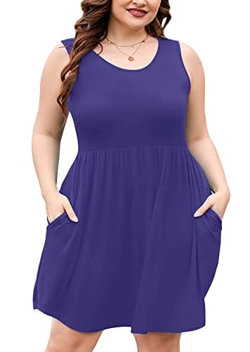 AusLook Plus Size Summer Tank Dress for Women Royal Blue 1X Casual Sleeveless Crewneck Flowy Pleated Sun Maternity Tunic Dresses Babydoll Tshirt Swing Vacation Sundresses with Pockets - Image 1