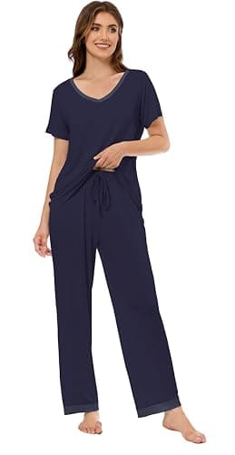 LUBOT Bamboo Viscose Pajamas for Women Soft Breathable Cooling Womens Pajama Set Two Piece PJ Sets Short Sleeve Pants Loungewear Nightwear Sleepwear (Navy Blue,S) - Thumbnail 3