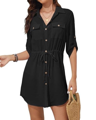 Bsubseach Swimsuit Coverup Shirt Dress Beach Vacation Clothes for Women Button Down Cover Ups Resort Wear Black XXL - Image 1