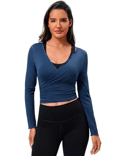 Womens Tie Front Pilates Wrap Top Long Sleeve Workout Tops Bolero Shrugs Crop Cardigan Yoga Ballet Cover up Tops Pilates Outfits Navy Blue Medium - Thumbnail 5