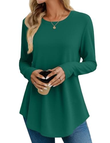 JUSTFASHIONNOW Tops For Women Trendy Fall Long Sleeve Shirts Basic Tee Fall Trendy Cute Top Casual 2025 Fashion Crew Neck Tunic Tops (Dark Green, X-Large) - Thumbnail 2