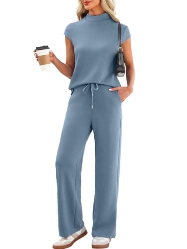 Casly Lamiit 2 Piece Outfits for Women Mock Neck 2 Piece Outfits Cap Sleeve Tops Pant Sets Summer Travel Airport Casual Beach Cruise Outfit Blue Grey XL - Image 1