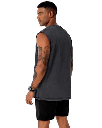 Tank Tops Men Summer Sleeveless Shirts Loose Fit Workout Tops Acid Wash Cotton Tshirts, Plain Black, S - Thumbnail 6
