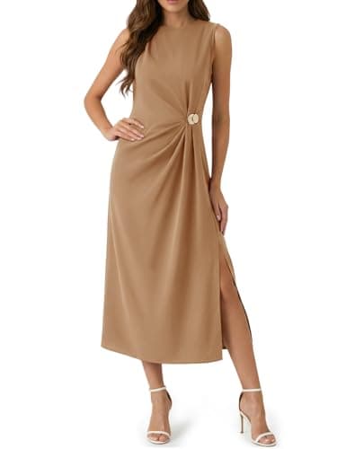 Wenrine Womens Sleeveless Ruched Maxi Dress Summer Casual Crewneck High Slit Back Zipper Long Dresses Dark Khaki - Image 1