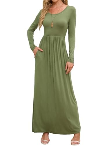 DEARCASE Maxi Dress for Women Army Green Medium Round Neck Long Sleeves Wedding Guest A-line Plain Casual Empire Waist Flowy Party Vintage Spring Fall Winter Floor Dresses with Pocket - Image 1