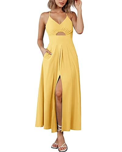BTFBM Women 2026 Spaghetti Strap Midi Summer Dresses Sleeveless V Neck Cutout Slit Casual Beach Party Maxi Dress Pockets(Yellow, Large) - Image 1