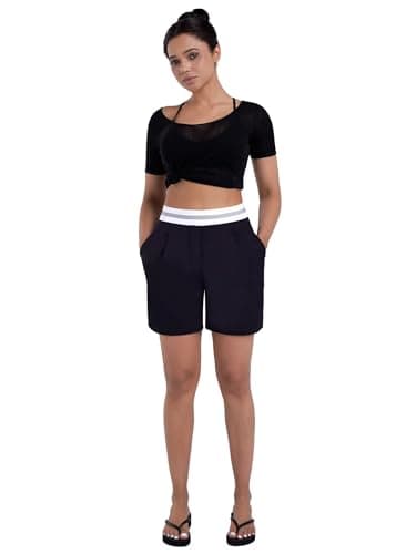 Sunzel Women's Pleated Athletic Shorts with Pockets Elastic High Waist Flowy Wide Leg Workout Shorts for Yoga Running Lounge Black - Thumbnail 5