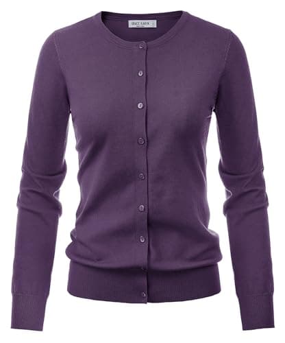 GRACE KARIN Women's Long Sleeve Cardigan Crew Neck Button Down Knitwear Sweater Lightweight Dark Purple M - Image 1