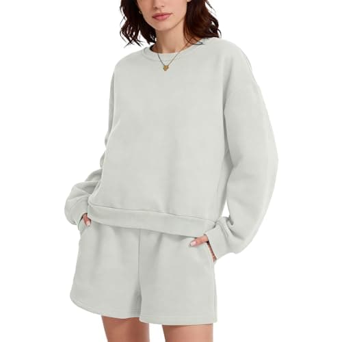 Anyshe Women's 2 Piece Fleece Lined Short Set - High Waisted Crew Neck Sweatshirt & Shorts, Soft Cozy Loungewear for Air Conditioned Rooms & All Season Wear, Grey, Large - Image 1