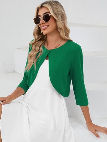 Heymoments Women's Thin Shrugs for Dresses Deep Forest X-Large Open Front 3/4 Sleeve Knit Lightweight Crop Cardigan Dressy Cropped Tops Coat Sweater Clothes - Thumbnail 4