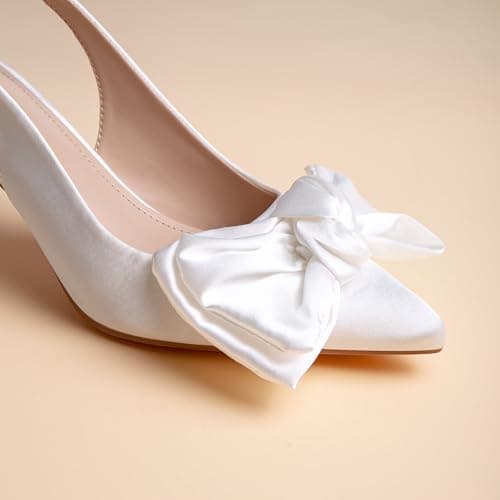 RUSAUISE White Heels for Women High Heels Slingback Heels Pointed Toe Pumps with Bow Low Heel Dress Shoes Wedding Shoes for Bride Bridal Shoes Silk Bow Size 9 - Thumbnail 2