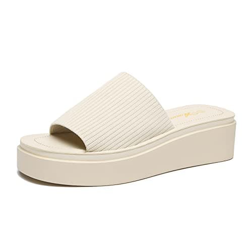 Athlefit Women's Slip On Platform Sandals Comfortable Open Toe Flatform Chunky Beige Sandals Size 7 - Image 1