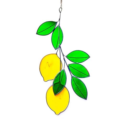 Vismin Lemons Leaf Green Artificial Plants, Handcrafted Stained Glass Window Wall Hanging Suncatchers, Fake Plants as Gifts for Houseplant Lovers - Image 1
