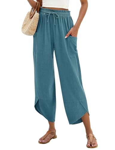 LOMON Linen Pants Women Boho Baggy Capri Teacher Work Beach Vacation Outfits Fashion Old-Money Clothes Business Casual (Lake Green,L) - Image 1