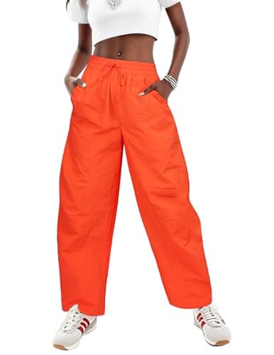 LOOKBOHO Women's Hiking Pants 2026 - High Waist Wide Leg Baggy Casual Drawstring Lightweight Parachute Cargo Trouser Streetwear with Pockets Orange XX-Large - Image 1