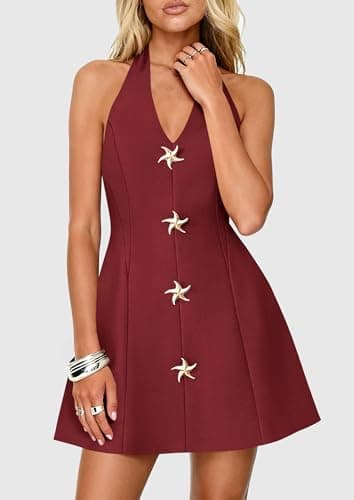 PRETTYGARDEN Summer Cocktail Dresses for Women Short 2026 Spring Halter V Neck Beach Party Backless A Line Mini Dress (Burgundy,Large) - Thumbnail 4