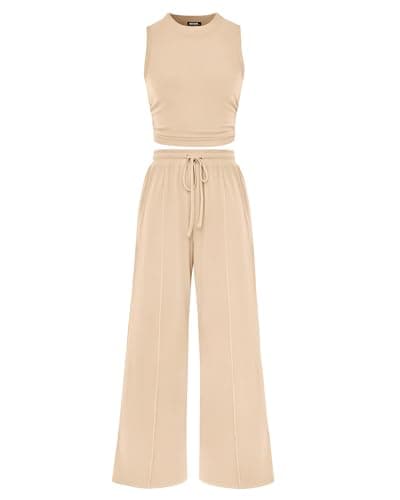 BTFBM Summer Outfits For Women 2026 Cropped Sleeveless Tank Tops Wide Leg Pants 2 Piece Sets Beach Lounge Set Clothing(Apricot, Small) - Image 1