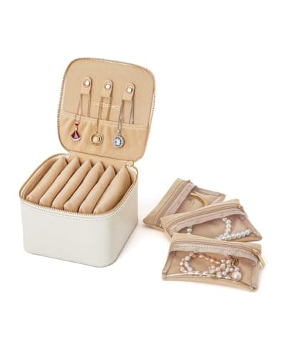 CASEGRACE Travel Jewelry Case, Jewelry Organizer with 6 Velvet Pouch Bags, Travel Jewelry Storage for Necklaces Rings Earrings, Gift for Women Girls, Beige White