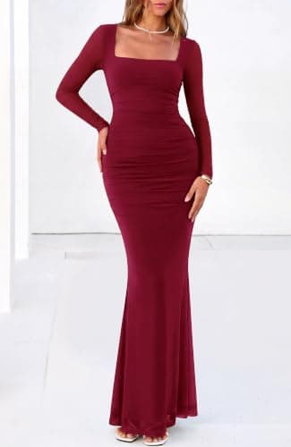 BTFBM Women's Maxi Dresses Fall 2026 Long Sleeve Ruched Bodycon Dress Square Neck Cocktail Party Wedding Guest Dresses(Wine Red,Small) - Thumbnail 2