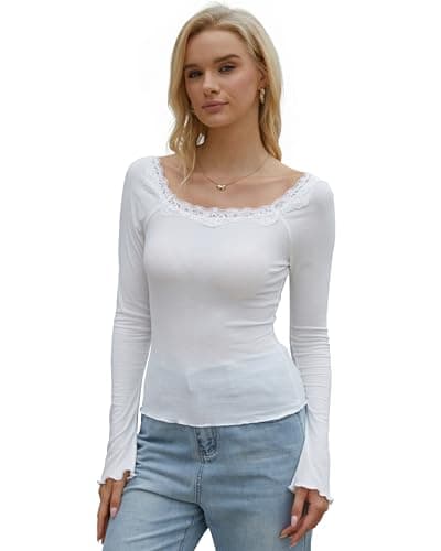 Homepeaz Long Sleeve Top for Women Bell Sleeve Backless Wide Boat Neck Cropped Tops Going Out Tops Y2K Micro Ribbed Lace Trim White - Image 1