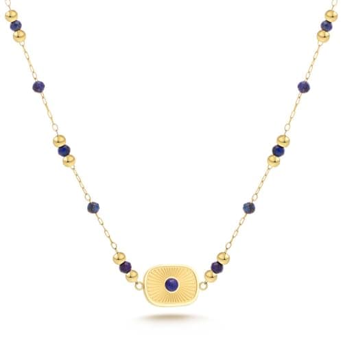 Milan Chiva Natural Gemstone Beaded Pendant Necklace for Women 14K Gold Plated Lightweight Adjustable Lapis Lazuli Jewelry MNS-1001NY - Image 1