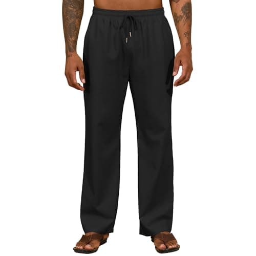 ZAFUL Men's Linen Casual Pants - Elastic Waist Drawstring Lightweight with Pockets for Summer Beach A-Black