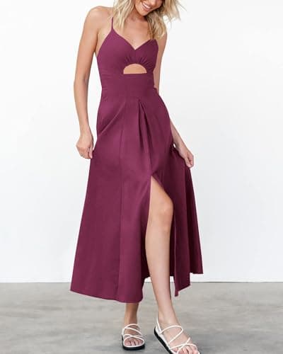 BTFBM Women 2026 Spaghetti Strap Midi Summer Dresses Sleeveless V Neck Cutout Slit Casual Beach Party Maxi Dress Pockets(Purple, Small) - Thumbnail 4