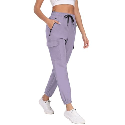 Womens Joggers Cargo Hiking Pants 4 Pockets Water Resistant Quick Dry UPF 50+ Lightweight Elastic Waist Drawstring Casual Work Travel Golf Jogging Purple XL - Thumbnail 4